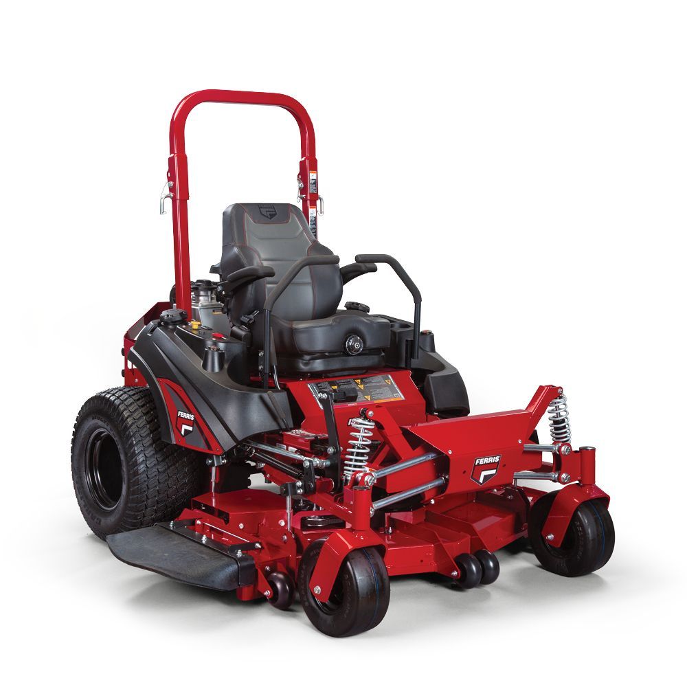 A red and black lawn mower on a white background