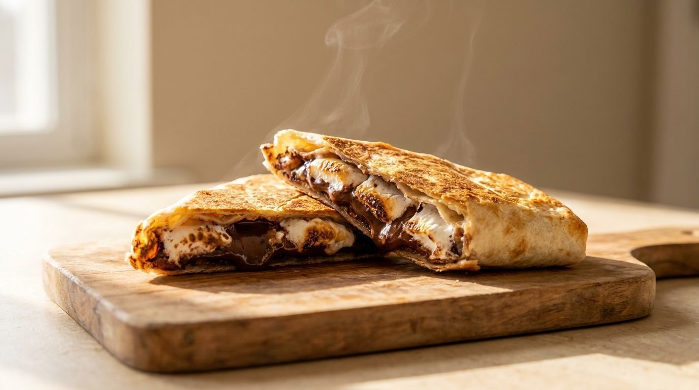 Two flaky pastry bars with caramel filling on a wooden cutting board in warm light