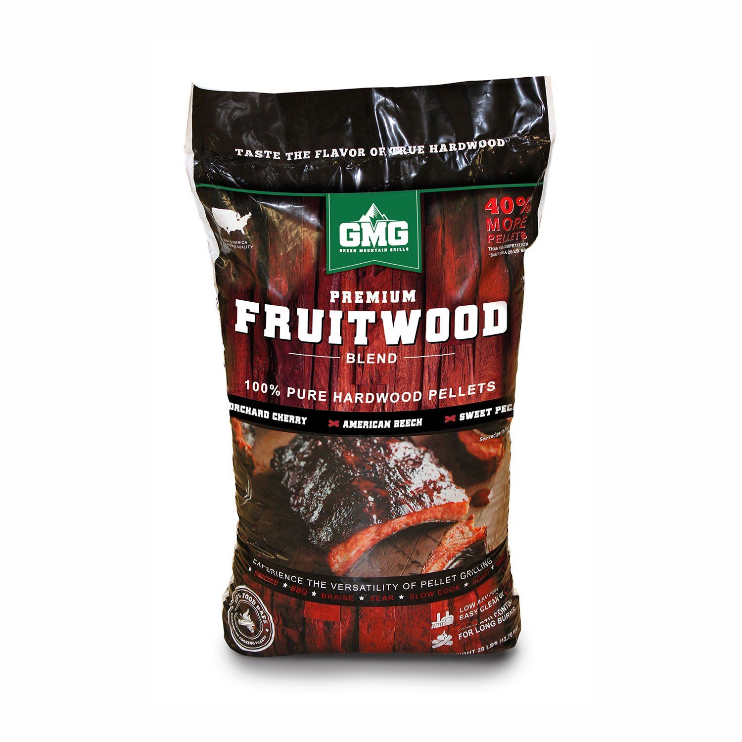a bag of gmg premium fruitwood blend 100 % pure hardwood pellets