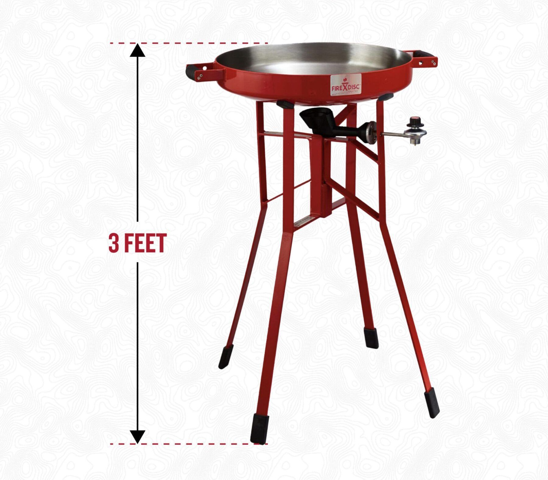 A portable grill with measurements on a white background.