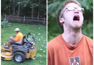 A man is riding a lawn mower and another man is screaming.