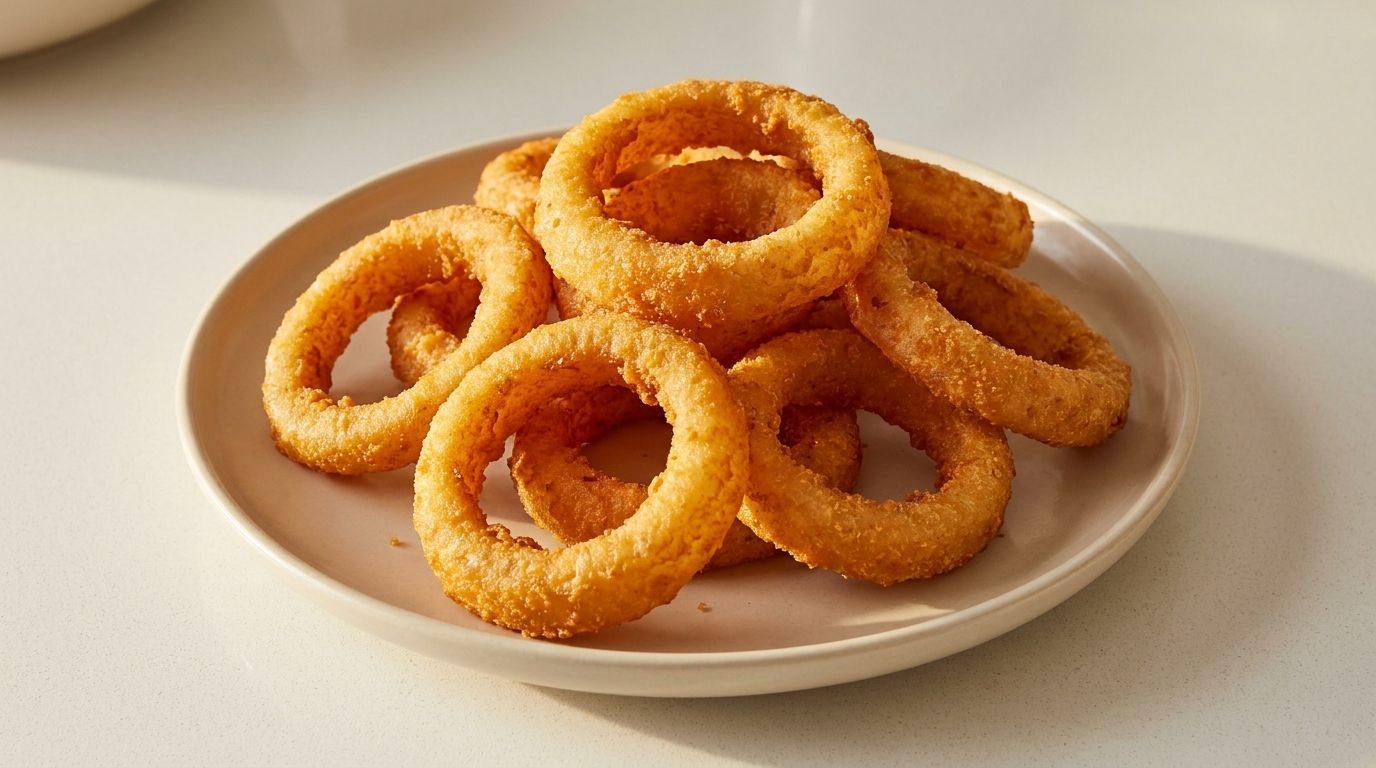 Plate of golden fried onion rings on a white table