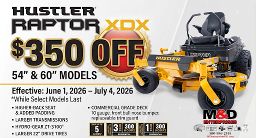 Hustler spring sales event ad with yellow mower, dates, and discounts up to $550 off select mowers