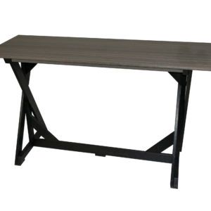 a wooden table with a black frame on a white background