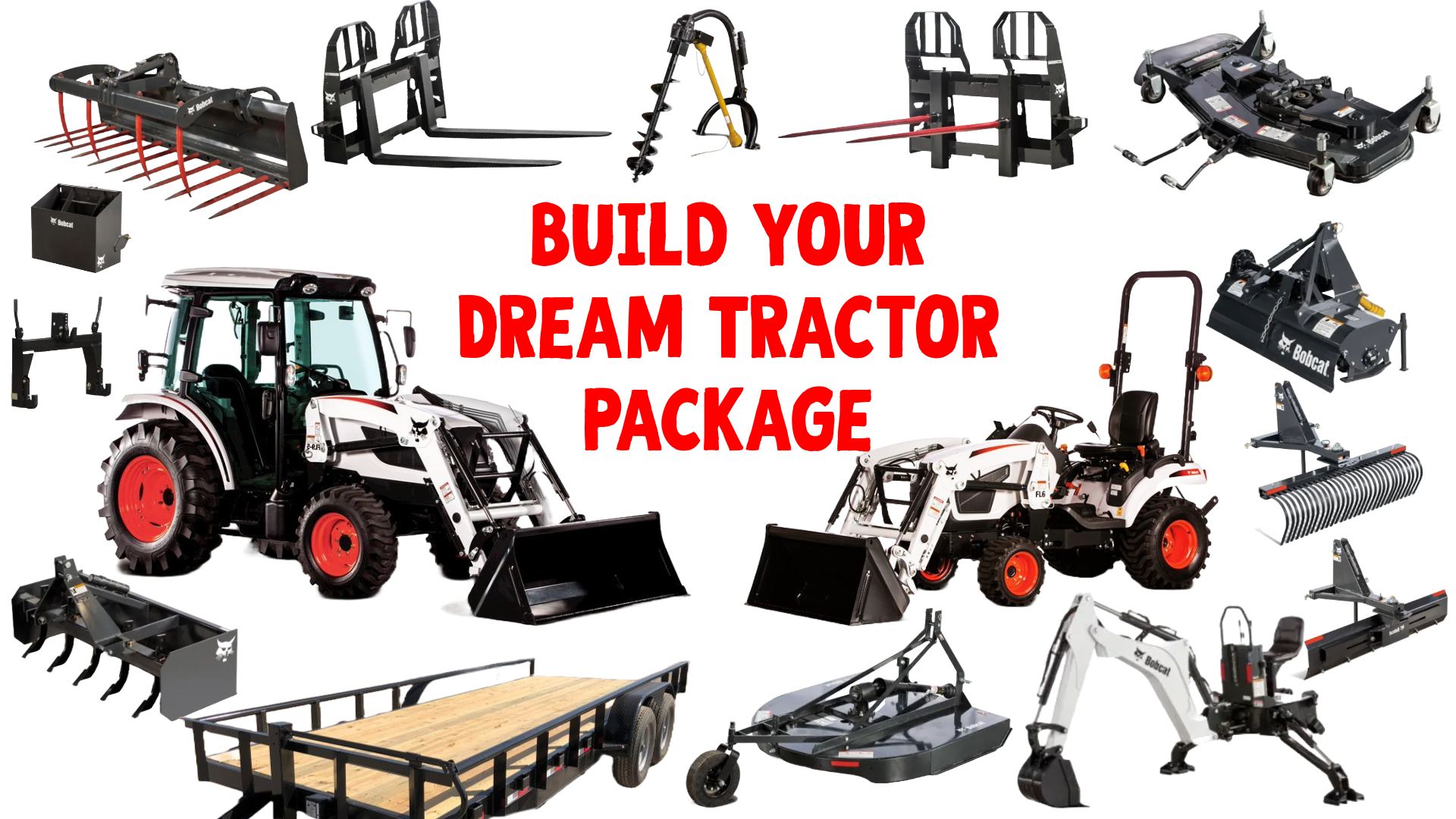 A picture of a dream tractor package with tractors and attachments.