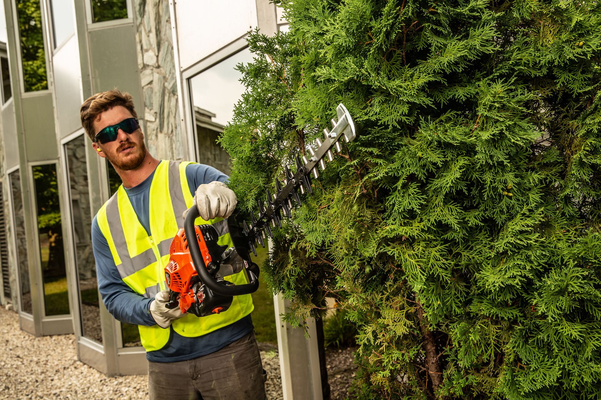 a man wearing a yellow vest is cutting a tree with a  echo hedge trimmer