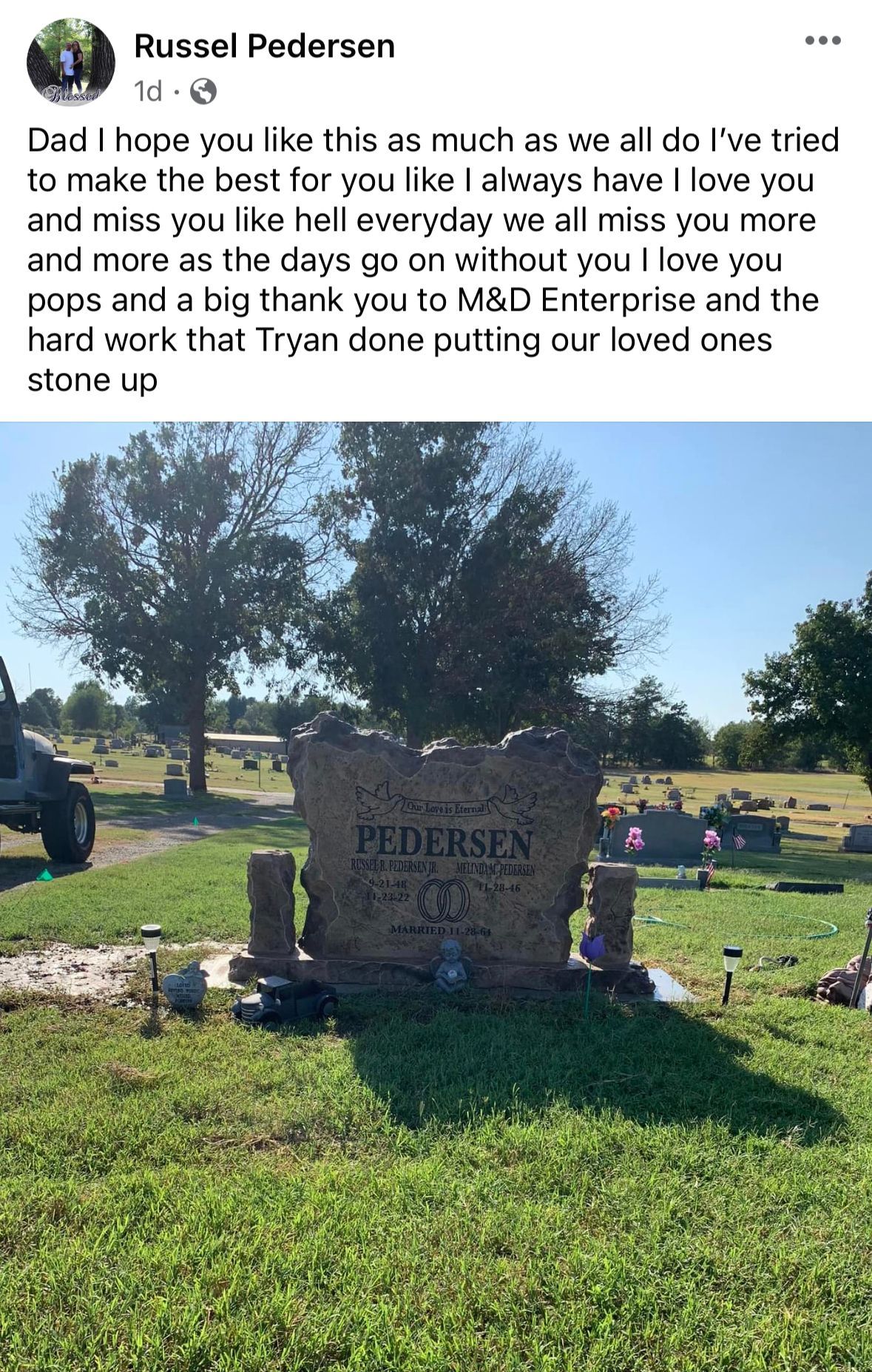 a gravestone in a cemetery has the name pedersen on it
