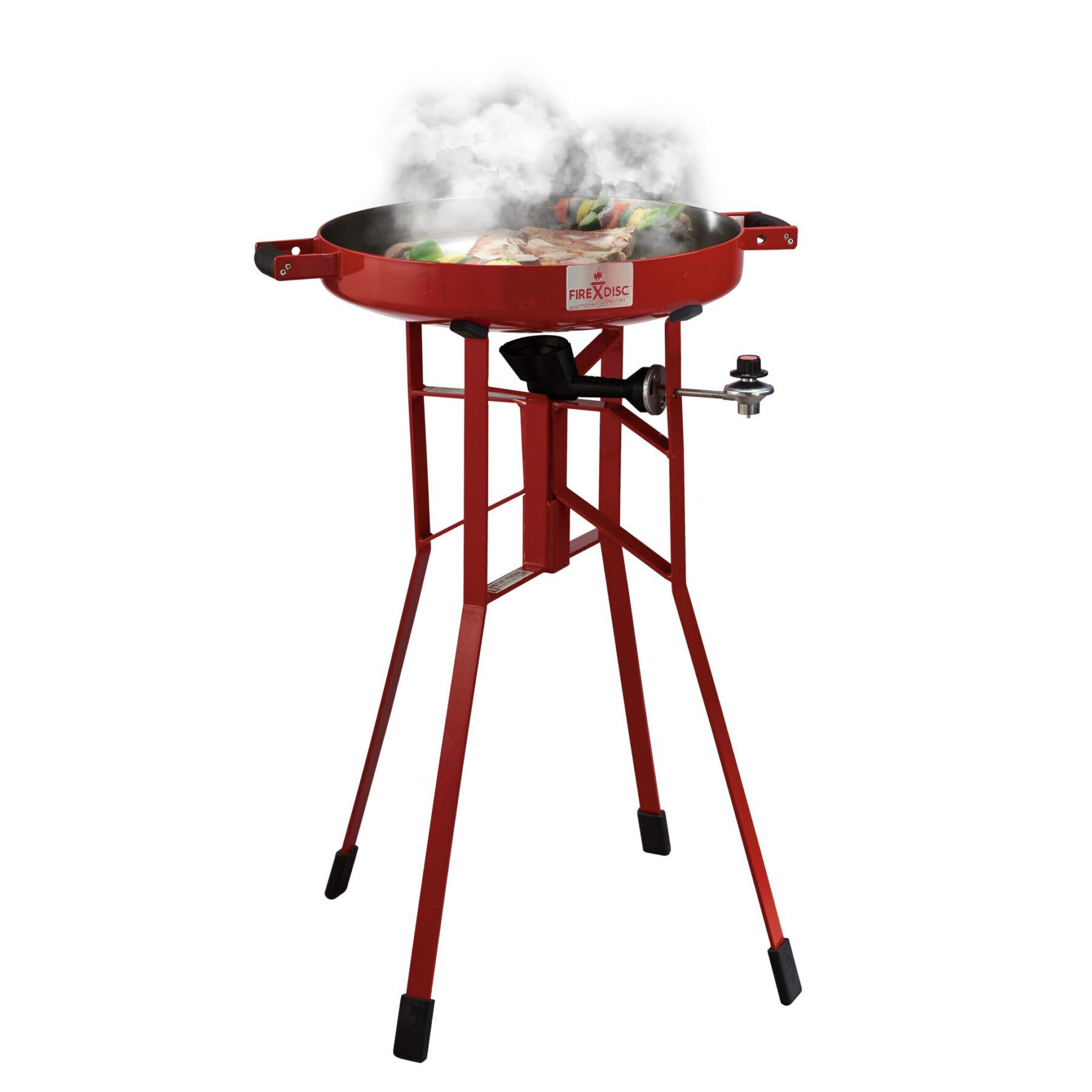 A portable grill with the lid open on a white background