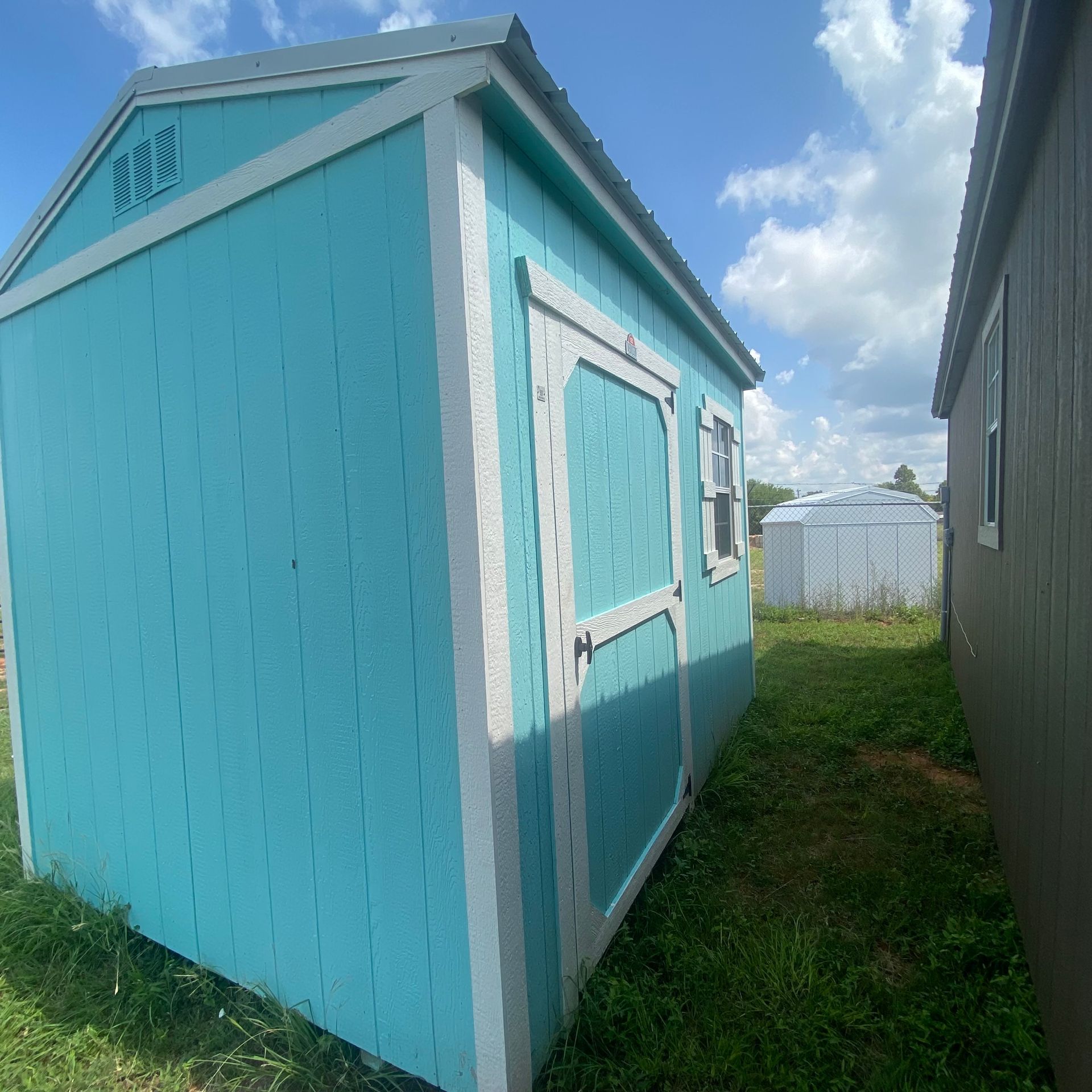 A blue shed with a white trim sits in the grass