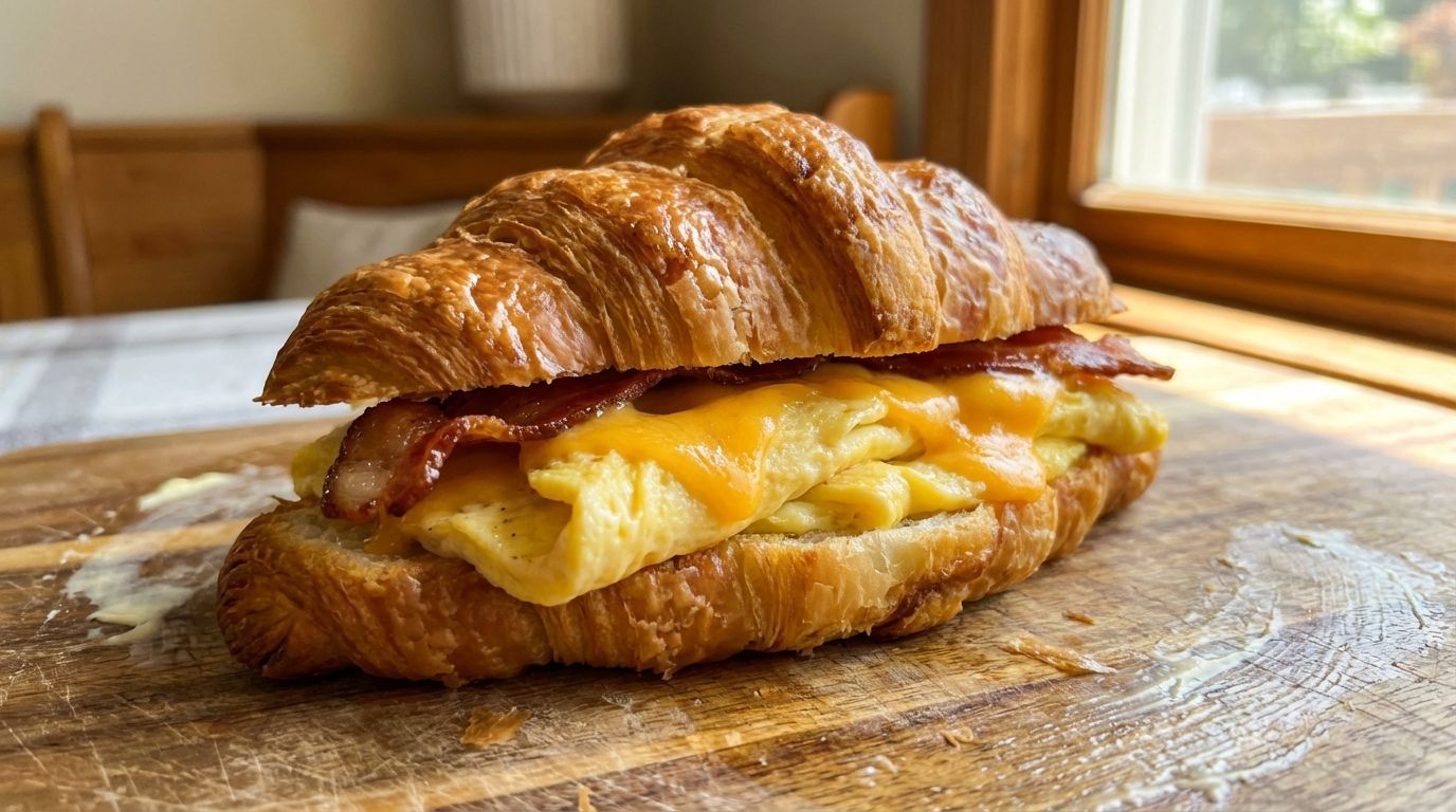 A breakfast sandwich with scrambled eggs, melted cheese, and crispy bacon inside a buttery, golden-brown croissant.