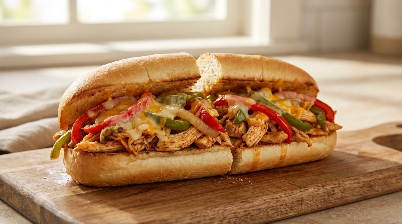 A chicken fajita sandwich on a toasted hoagie roll with melted cheese, bell peppers, and onions, sitting on a wooden board.