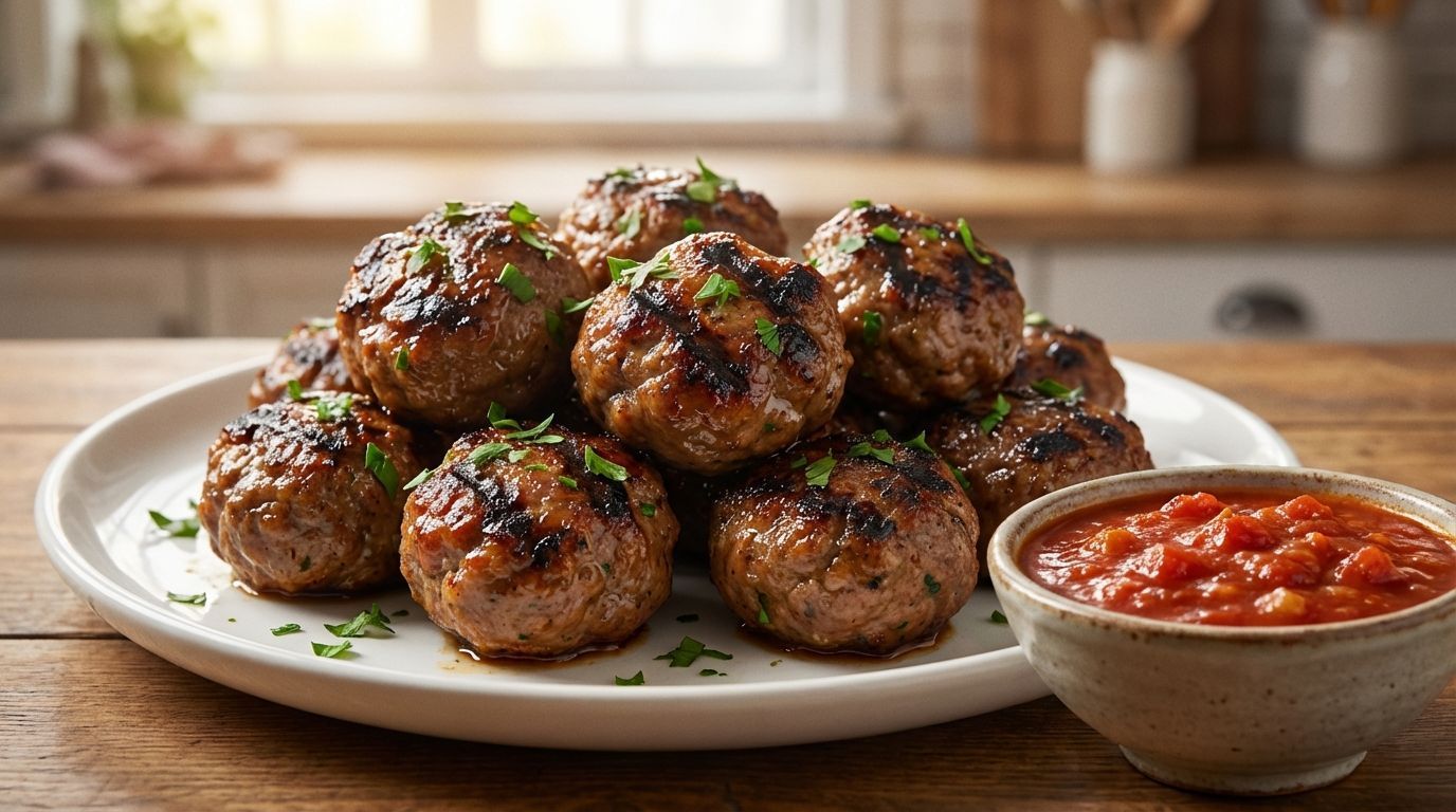 Meatballs piled on a plate with tomato sauce, on a wooden table.