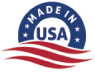 a made in the usa logo with an american flag in the background .