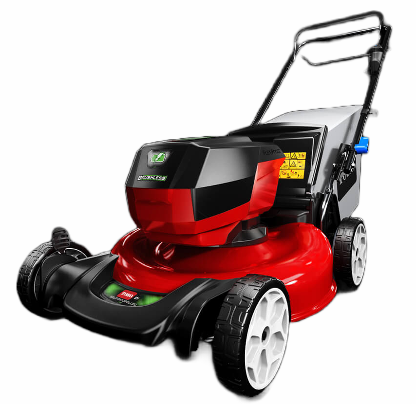 A red and black lawn mower on a white background