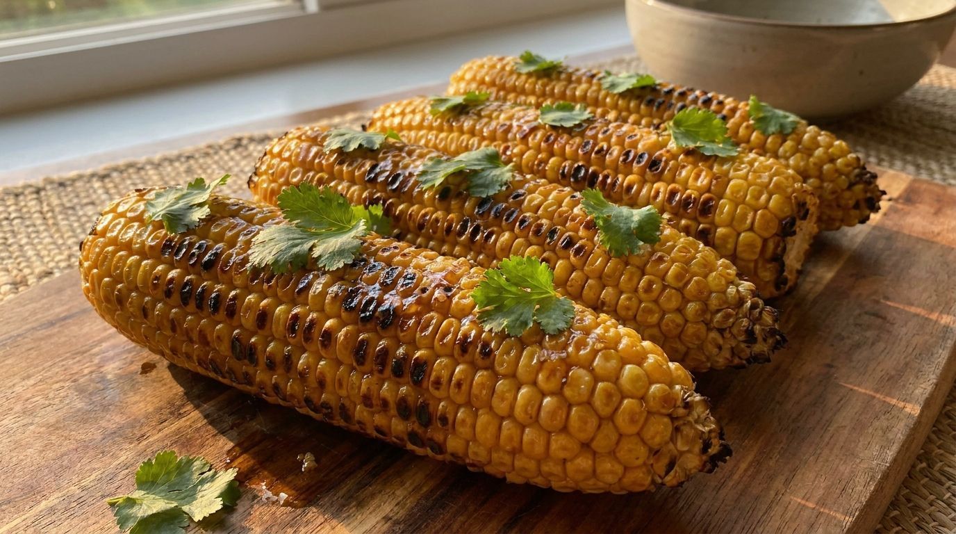 Grilled corn on the cob with herb butter on a wooden board
