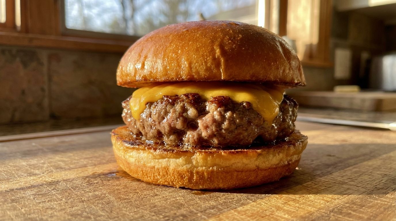 Cheeseburger on a toasted bun, set on a wooden cutting board with a window in the background.