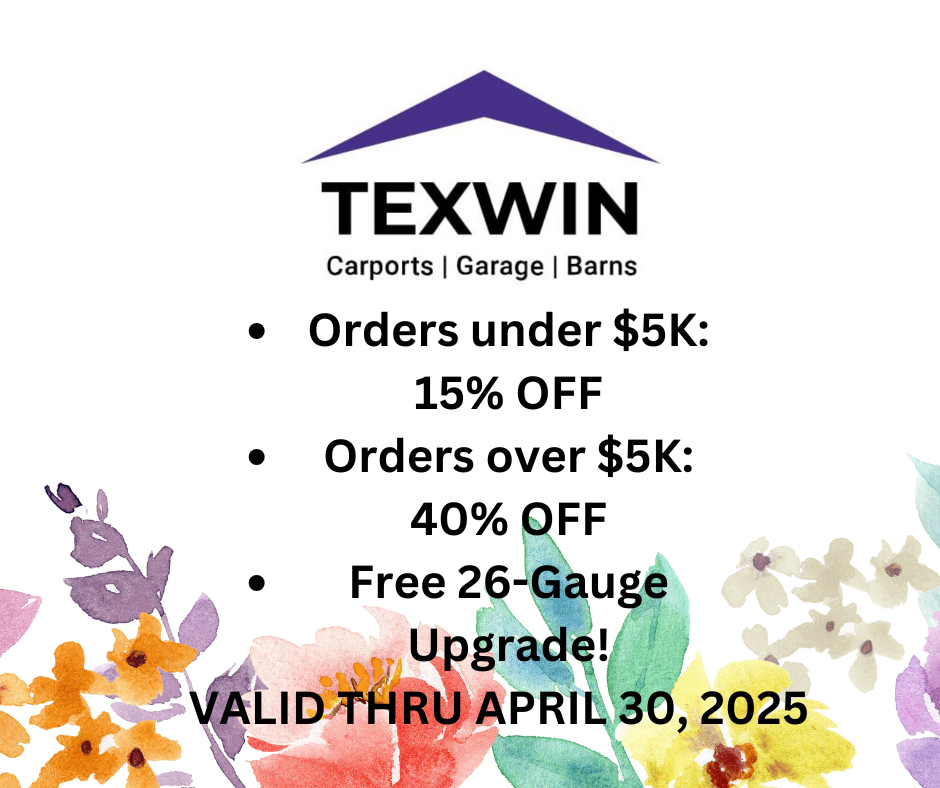 Texwin carports garage barns is offering a christmas promotion for orders under $ 5k.