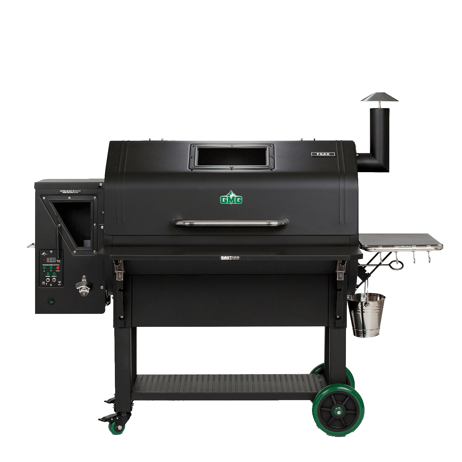 A black pellet grill with green wheels on a white background.