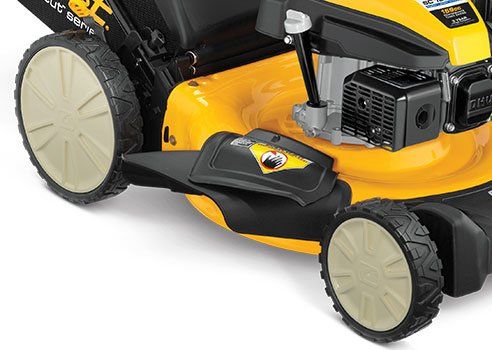 a close up of the front of a walk behind cub cadet push mower