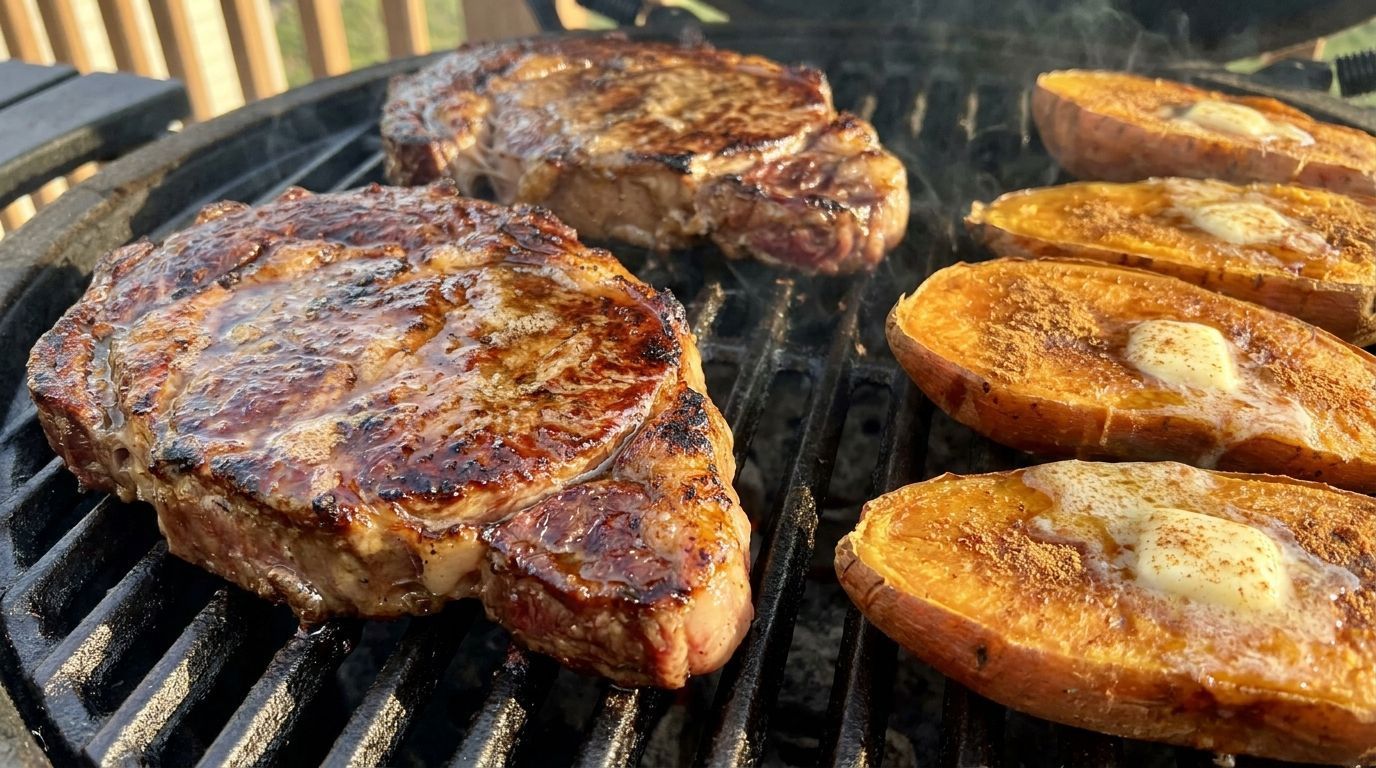 Steaks and stuffed mushrooms sizzling on a grill, with char marks and golden-brown crusts