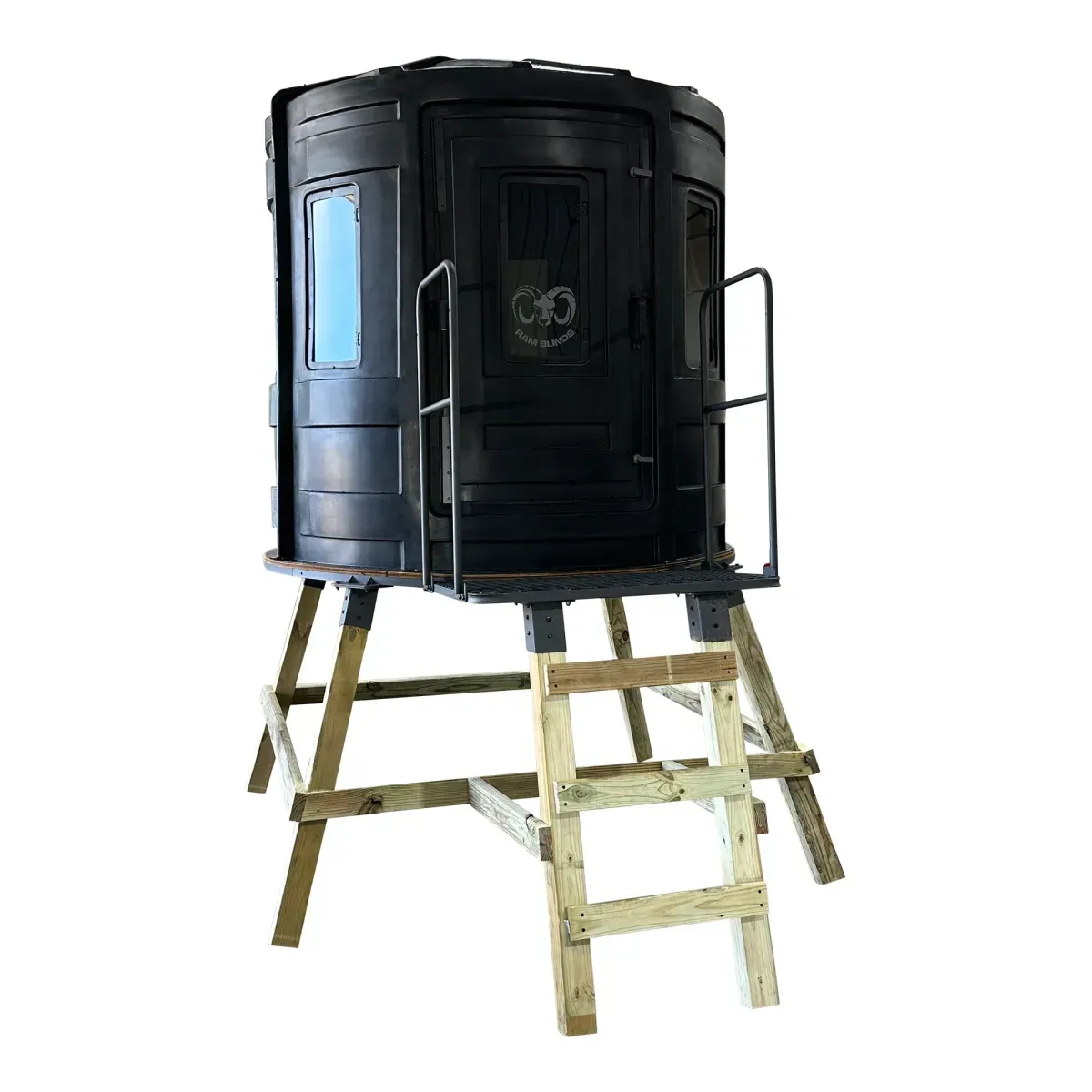 A black toilet is sitting on top of a wooden ladder.