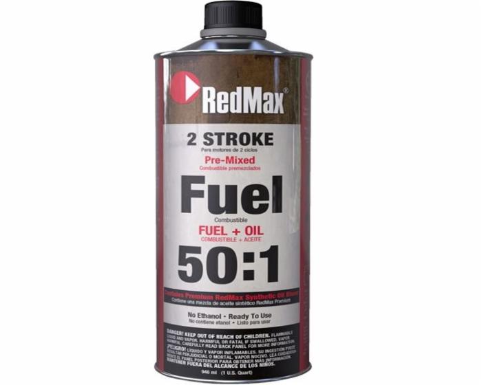 A bottle of redmax 2 stroke fuel 50 : 1