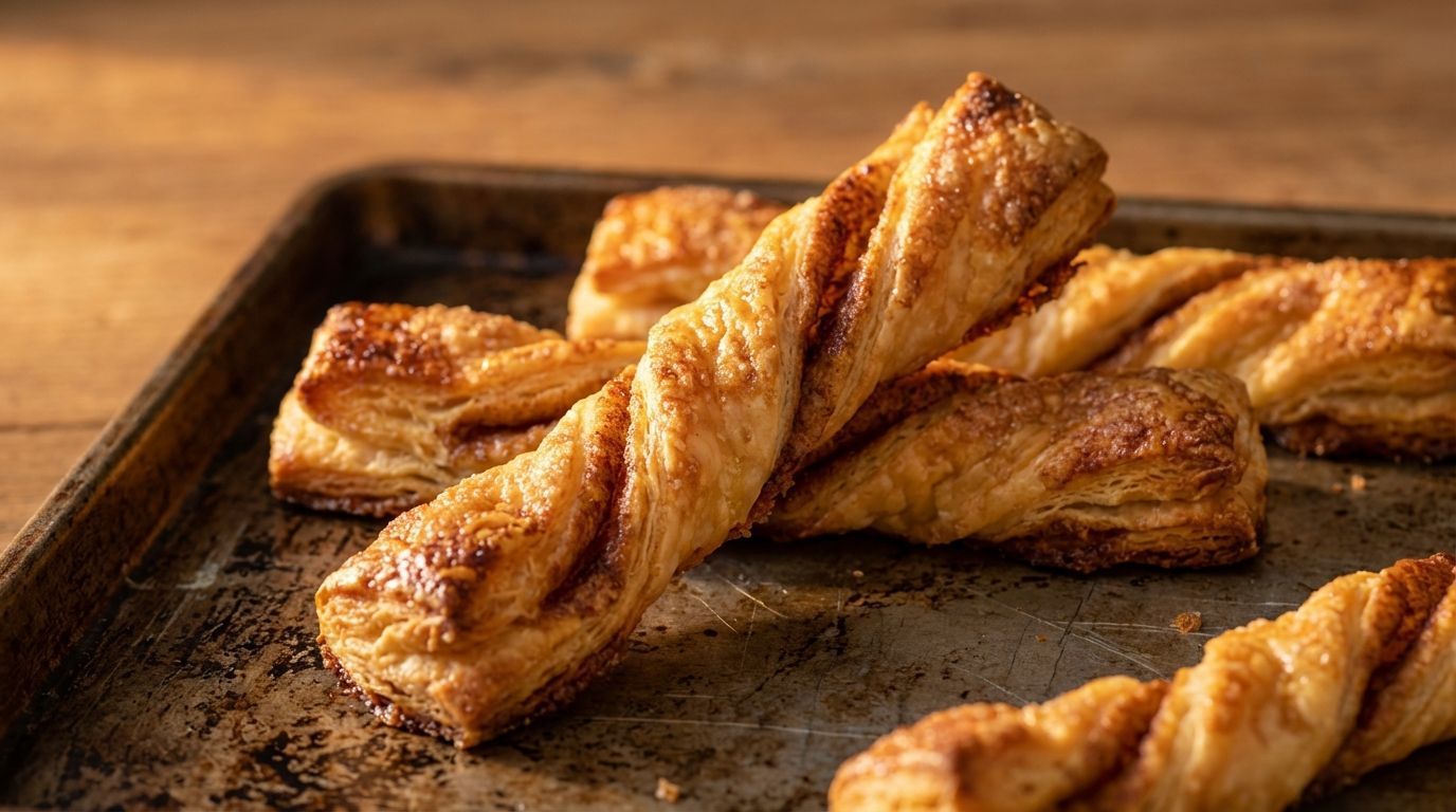 Golden-brown, twisted puff pastry sticks arranged on a dark metal baking sheet.