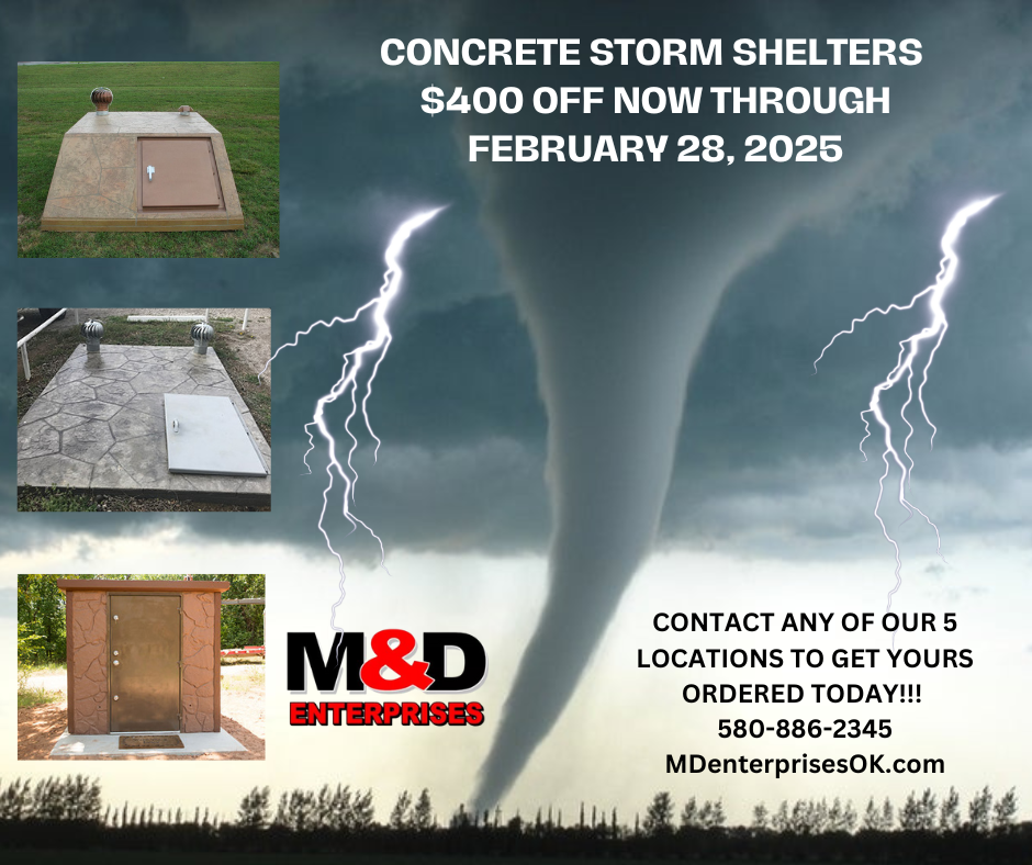 An advertisement for concrete storm shelters with a tornado in the background