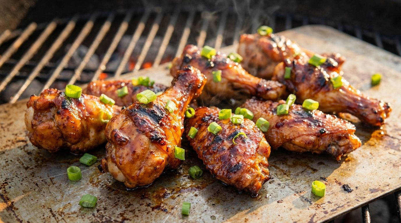Grilled chicken wings garnished with chopped green onions on a metal tray over a barbecue grill.