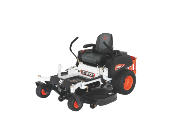 a white and black lawn mower with orange wheels on a white background .