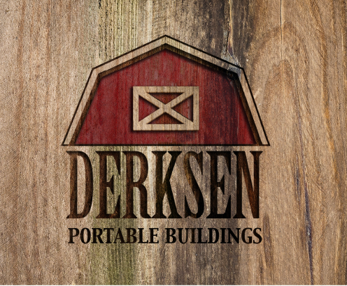 derksen portable buildings logo on a wooden background