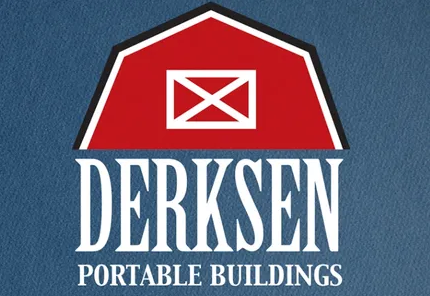 derksen portable buildings logo on a blue background