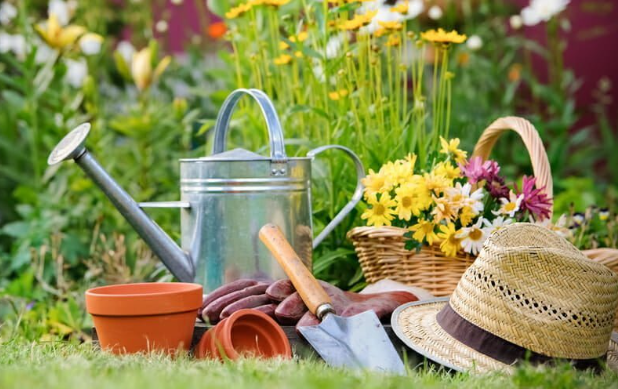A garden with a watering can , pots , a hat , and a basket of flowers.