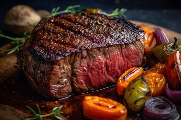 A steak is sitting on top of a wooden cutting board with vegetables.