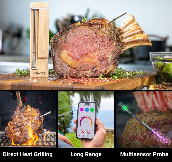 A person is holding a cell phone next to a piece of meat on a cutting board.