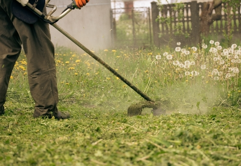 A man is mowing the grass with a lawn mower.