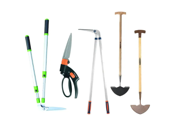 A group of gardening tools are lined up on a white background.