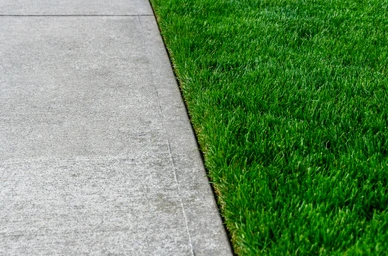 A concrete sidewalk next to a lush green lawn.