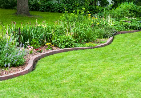 A lush green lawn with a brick curb and a garden in the background.