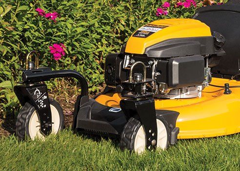 a cub cadet push mower is sitting on top of a lush green lawn .