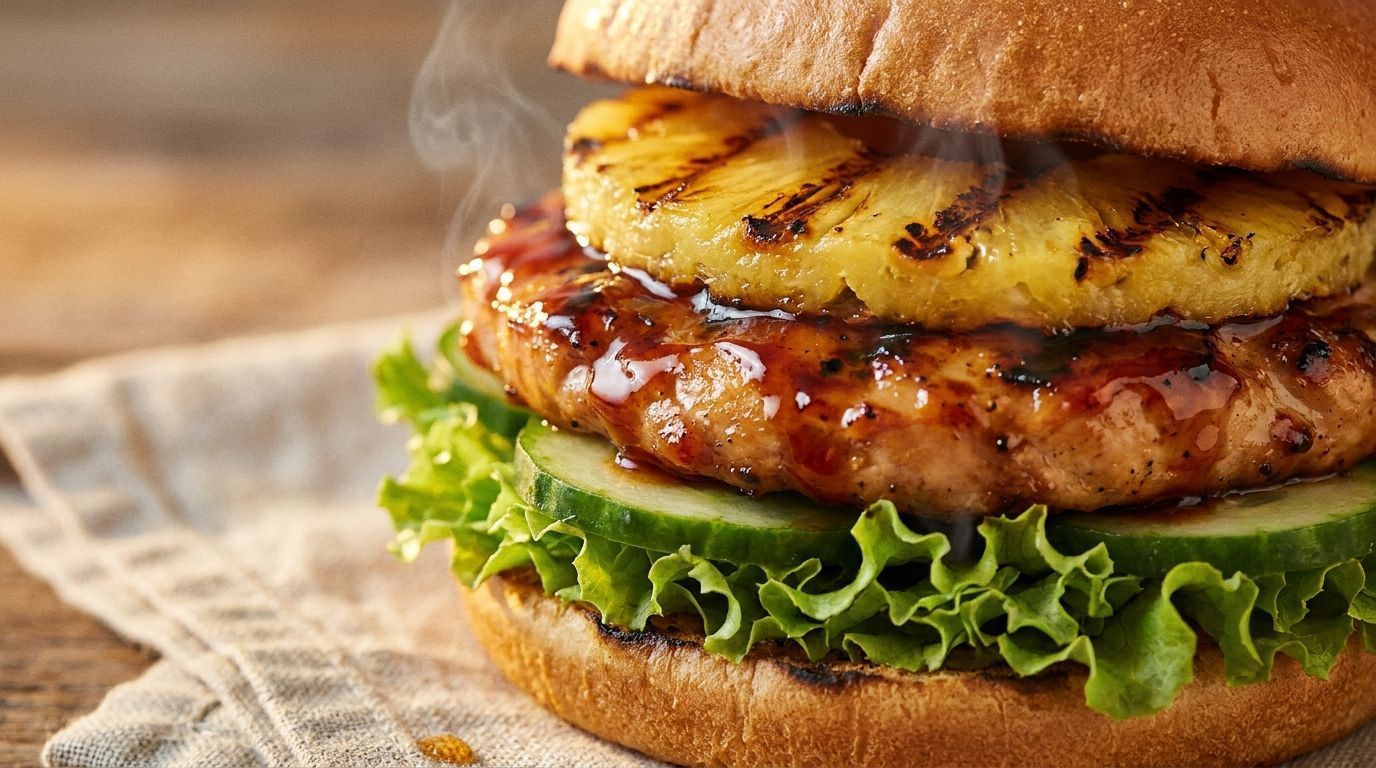 Close-up of a burger with grilled pineapple, melted cheese, lettuce, and a sesame bun on a table