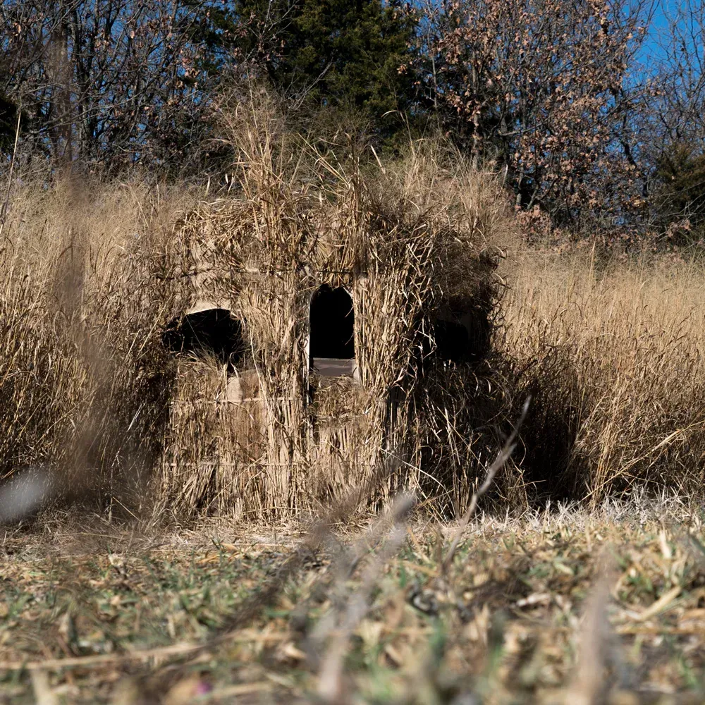 Un castillo hecho de hierba alta en un campo con árboles al fondo.