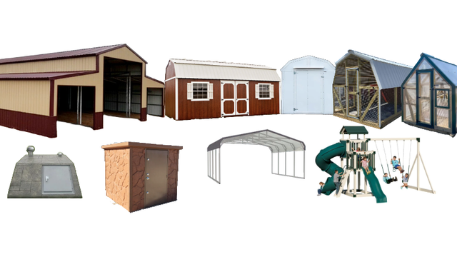 Assorted backyard sheds and outdoor storage structures in different styles and colors on a white background