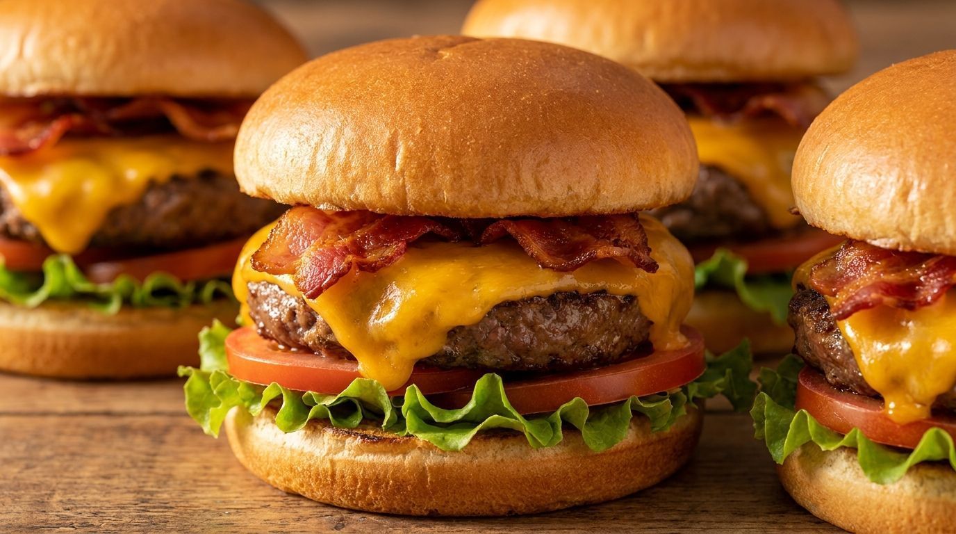 Three cheeseburgers on a wooden surface, with melted cheese, bacon, and lettuce.
