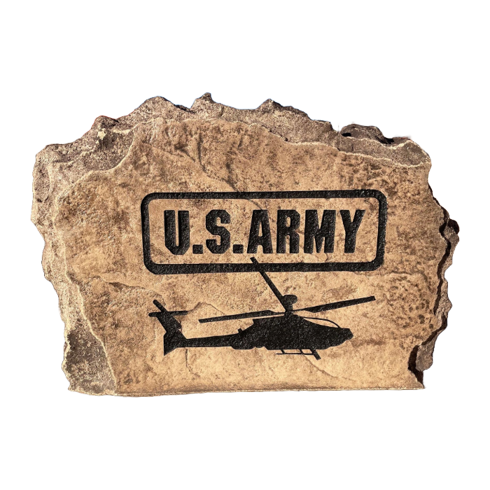 A rock that says u.s. army with a helicopter on it