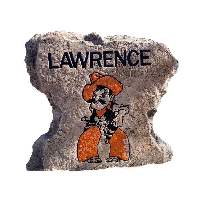 A rock with a picture of a cowboy and the name lawrence on it