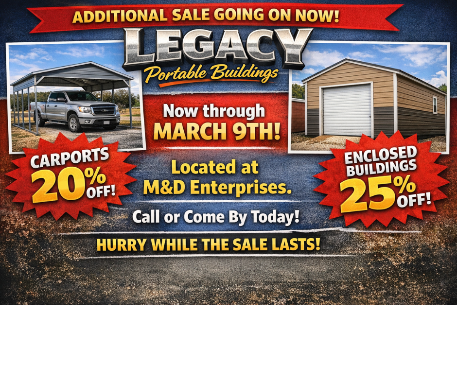 An advertisement for legacy buildings at M&D Enterprises