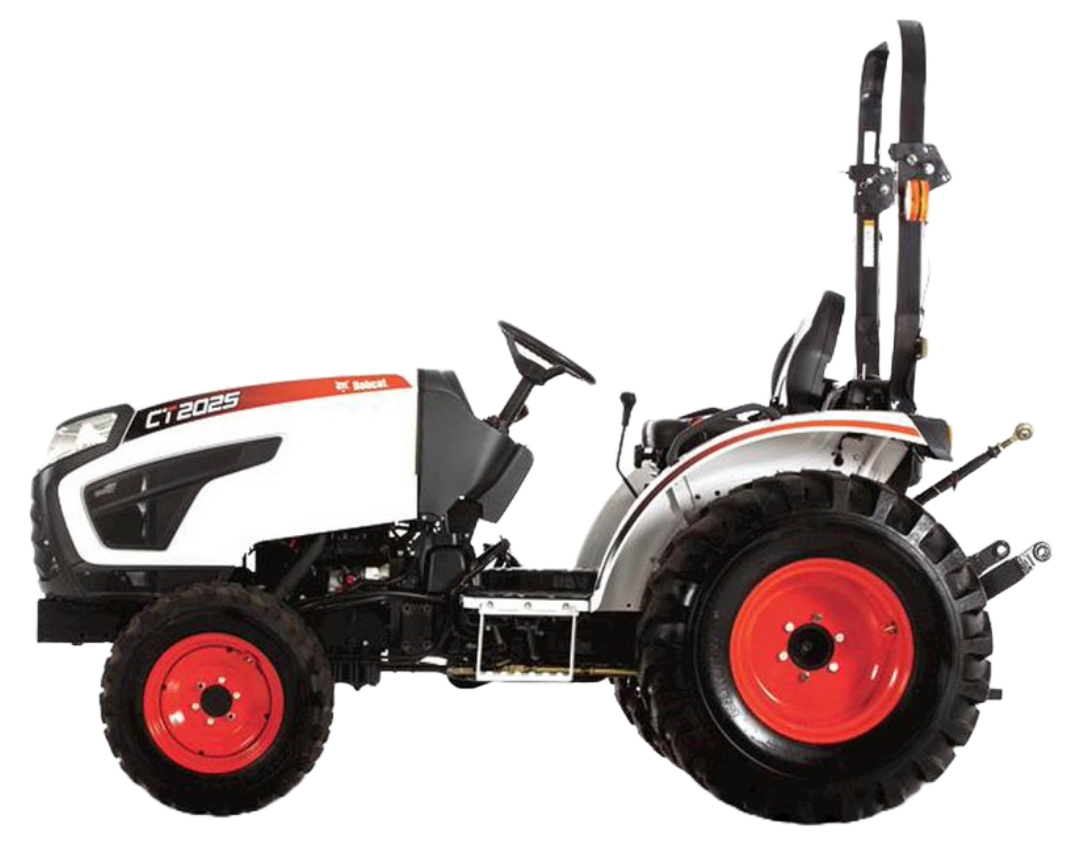 A white tractor with red and black wheels on a white background