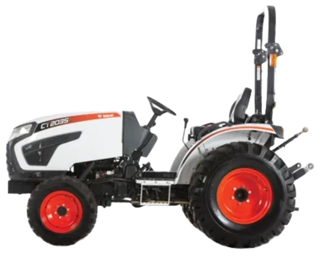 A small white and orange bobcat tractor with the word kubota on the side