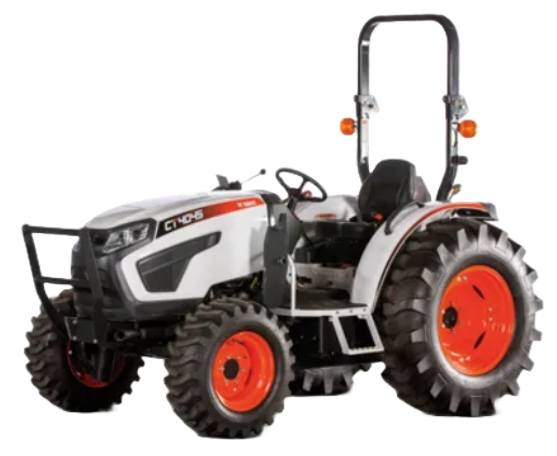 A bobcat  tractor with orange wheels and tires on a white background